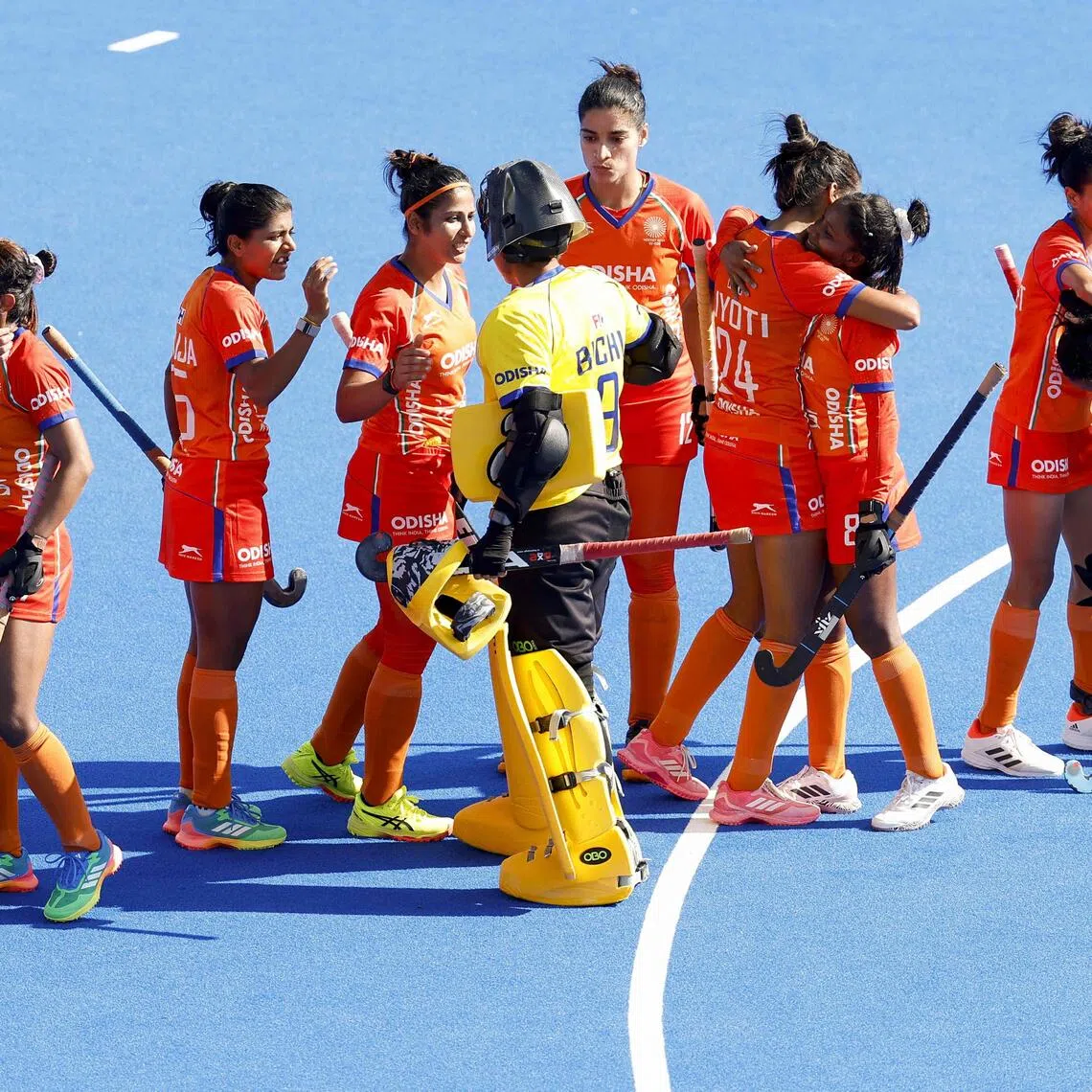 India’s team in their orange kits during the 2026 FIH Women’s Hockey World Cup in the Netherlands on Aug 20.