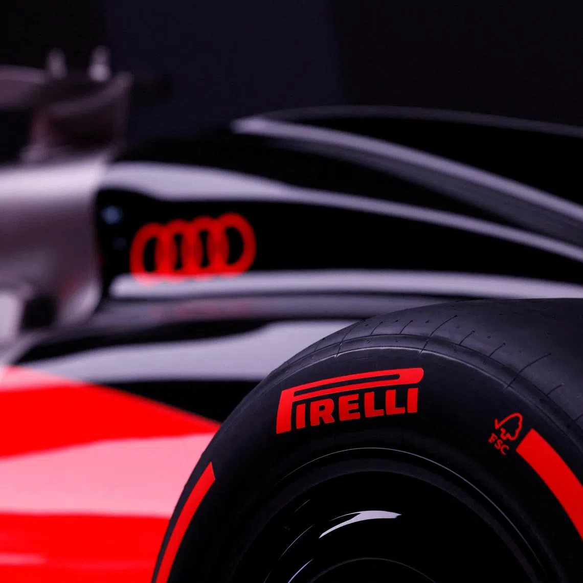 Formula One F1 - Audi F1 Team Presentation - Audi Experience Center, Munich, Germany - November 12, 2025 General view of a Pirelli tyre on the Audi R26 car during the presentation REUTERS/Michaela Stache