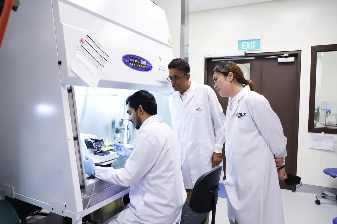 N. Gopalakrishna Iyer (centre), an oncology surgeon from NCCS, working on preserving lymph nodes outside the human body. He took home the National Outstanding Clinician Scientist Award.