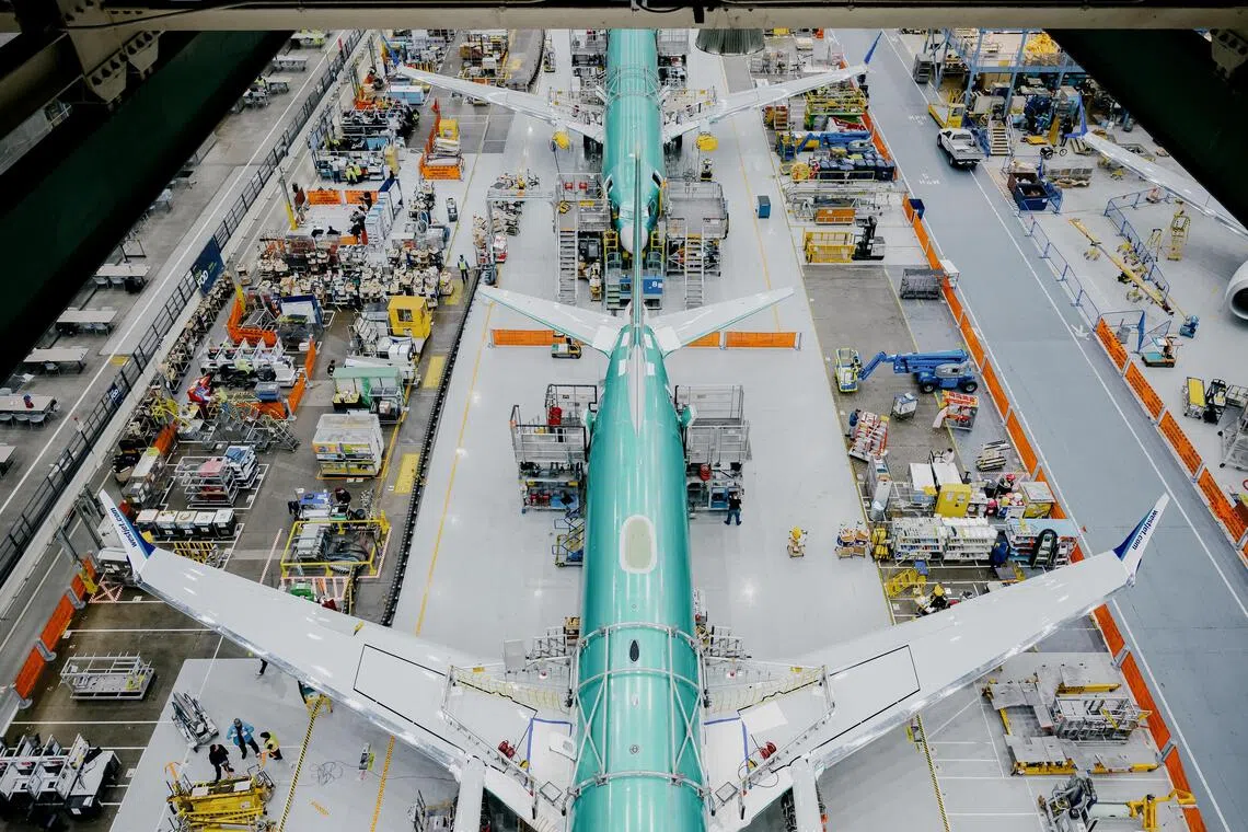 A Boeing 737 Max plane during final assembly at the company's factory in Renton.