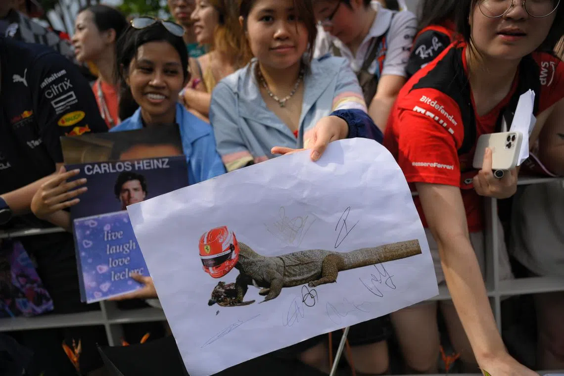 A fan holding a picture of a monitor lizard wearing a race helmet at the F1 Paddock on Sept 17.