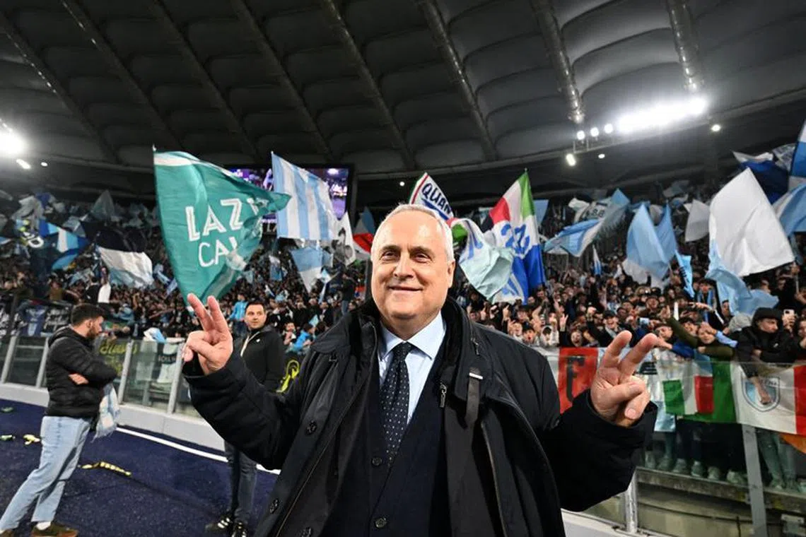 FILE PHOTO: Soccer Football - Serie A - Lazio v AS Roma - Stadio Olimpico, Rome, Italy - March 19, 2023 President of Lazio Claudio Lotito celebrates after the match REUTERS/Alberto Lingria/File Photo