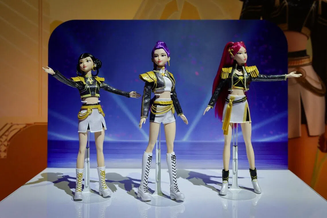 Figures from the KPop Demon Hunters toy series are on display at Mattel's booth at the New York Toy Fair.