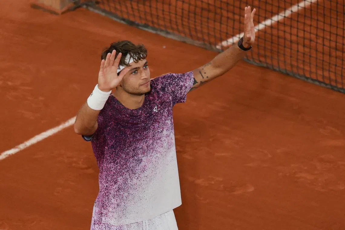 Italy's Flavio Cobolli celebrates after winning his quarter final match against Canada's Felix Auger-Aliassime, Tennis, French Open, Roland Garros, Paris, France, June 3, 2026. REUTERS/Stephanie Lecocq