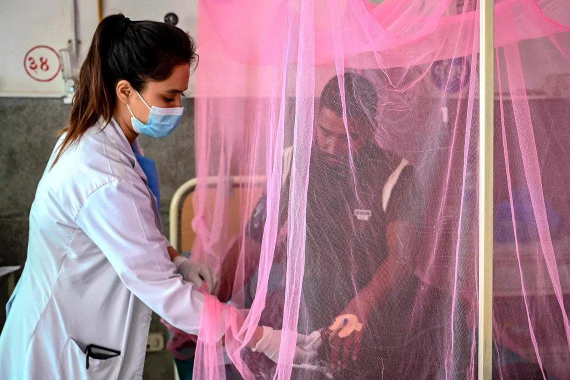 A nurse taking care of a dengue fever patient at the Sukraraj Tropical and Infectious Disease Hospital in Kathmandu. 
