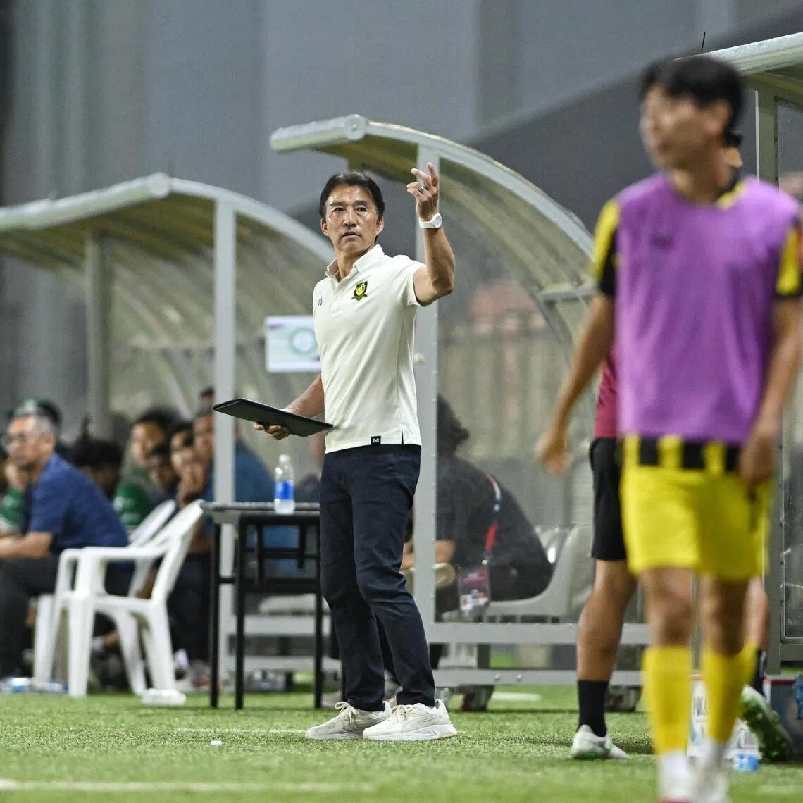 Katsuhito Kinoshi (centre) at the match against Geylang International at Our Tampines Hub on April 11, 2026. BG Tampines Rovers came from behind to win 4-3.