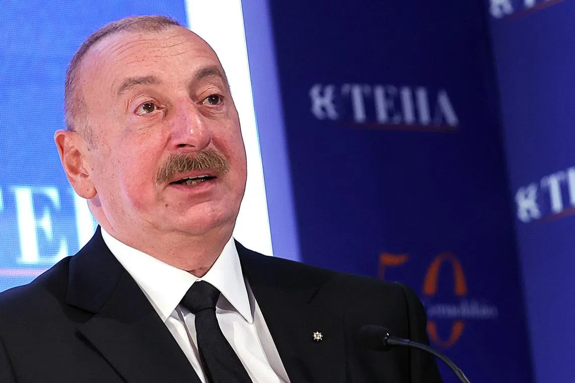 Azerbaijan's President Ilham Aliyev speaks at the European House - Ambrosetti Forum, an annual conference that gathers business and political leaders at the end of the summer, in Cernobbio, Italy, September 6, 2024. REUTERS/Claudia Greco