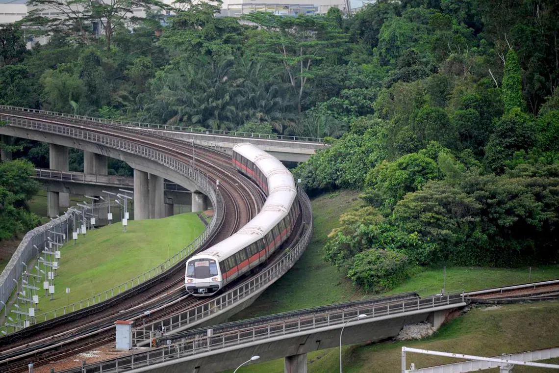 A train heads towards Clementi MRT Station along the East-West line during tests on the track at around 5pm on September 30, 2024.