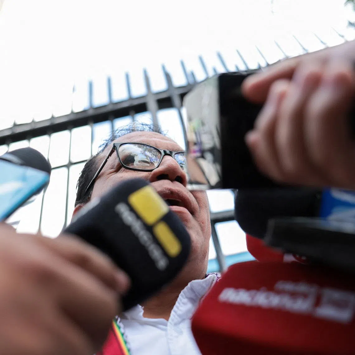 Peruvian presidential candidate Roberto Sanchez speaks to the media as vote counting continues in the presidential runoff between Sanchez and Keiko Fujimori in Lima, Peru, June 10, 2026. REUTERS/Stifs Paucca