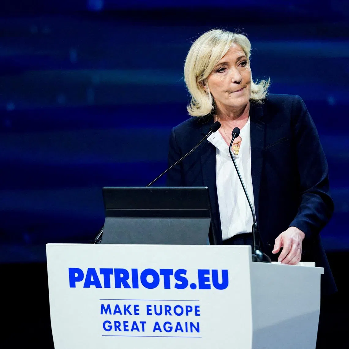FILE PHOTO: French far-right leader and member of parliament Marine Le Pen, President of the French far-right National Rally (Rassemblement National - RN) party parliamentary group speaks at a Spanish far-right party VOX rally, in Madrid, Spain, February 8, 2025. REUTERS/Ana Beltran/File Photo
