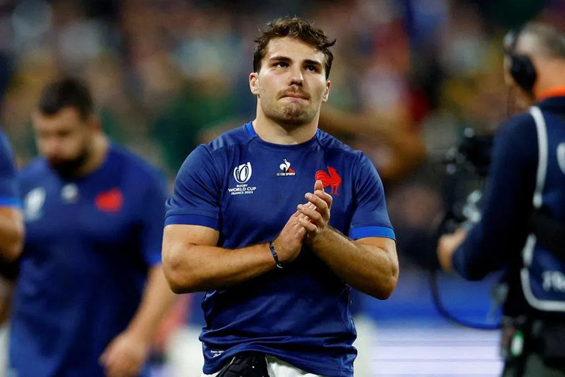 FILE PHOTO: Rugby Union - Rugby World Cup 2023 - Quarter Final - France v South Africa - Stade de France, Saint-Denis, France - October 15, 2023 France's Antoine Dupont looks dejected after the match REUTERS/Sarah Meyssonnier/File Photo