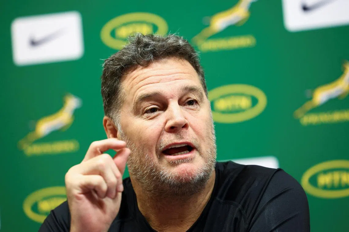 Springbok head coach Rassie Erasmus speaks during a media conference held to introduce the new technical team and preview the forthcoming season, in Cape Town, South Africa, March 12, 2024. REUTERS/Esa Alexander/ File Photo