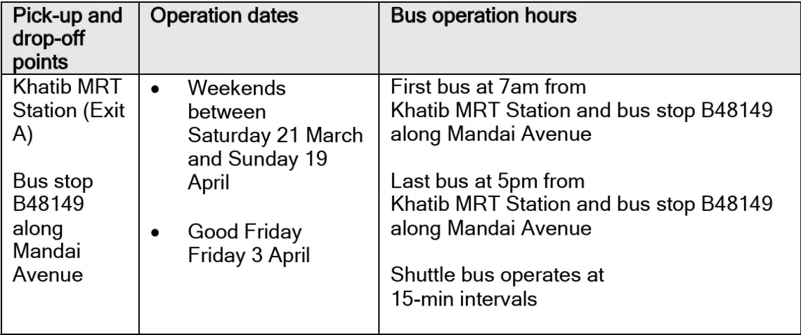 Shuttle bus services to and from Mandai Columbarium in 15-minute intervals on these dates.