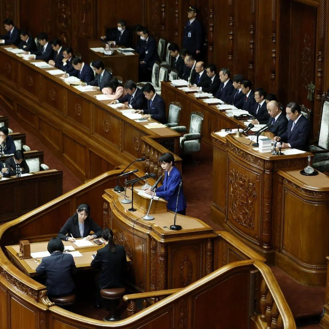 Japanese Prime Minister Sanae Takaichi delivers a policy speech in the Diet on October 24, 2025.