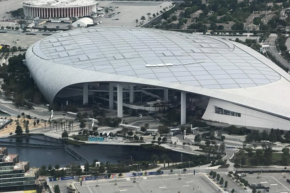 An aerial image shows SoFi Stadium, and the KIA Forum (rear) ahead of the 2026  World Cup in Inglewood, California, on May 27, 2026.