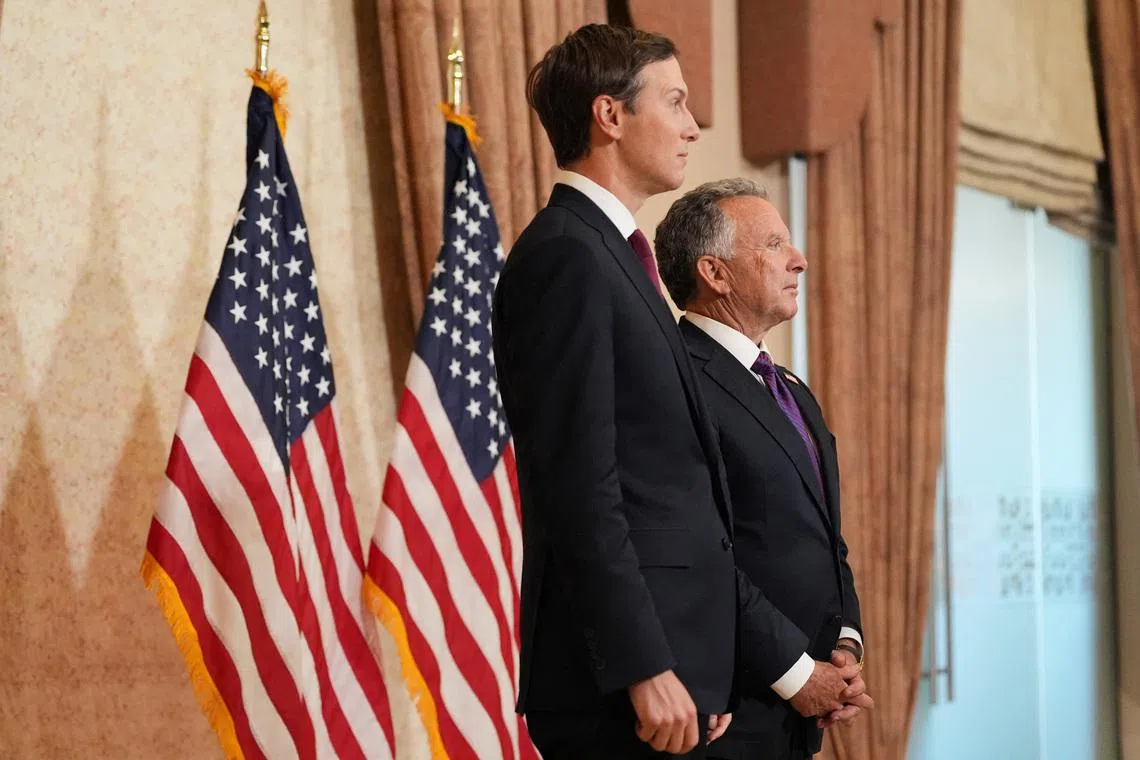 Jared Kushner and Steve Witkoff, Special Envoy for Peace Missions listen as Vice President JD Vance (not pictured) speaks during a news conference after meeting with representatives from Pakistan and Iran, Sunday, April 12, 2026, in Islamabad, Pakistan. Jacquelyn Martin/Pool via REUTERS