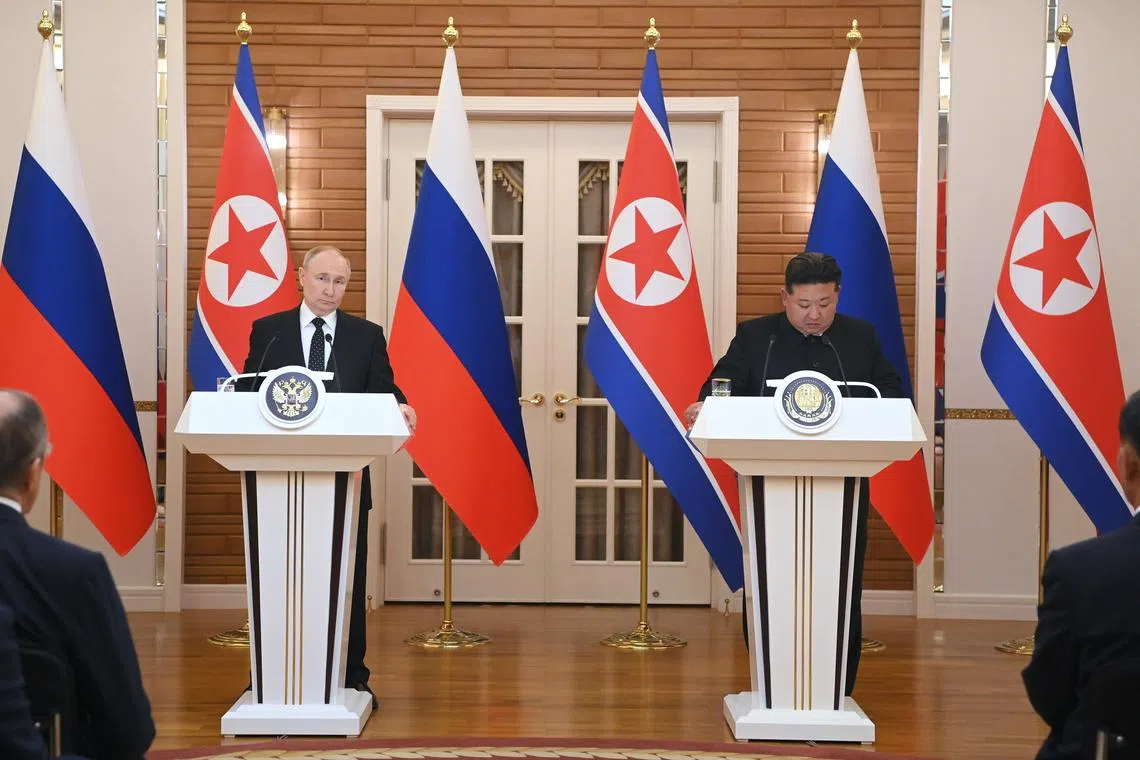 Russian President Vladimir Putin (left) and North Korean leader Kim Jong Un at a joint press-conference in Pyongyang, North Korea, on June 19.