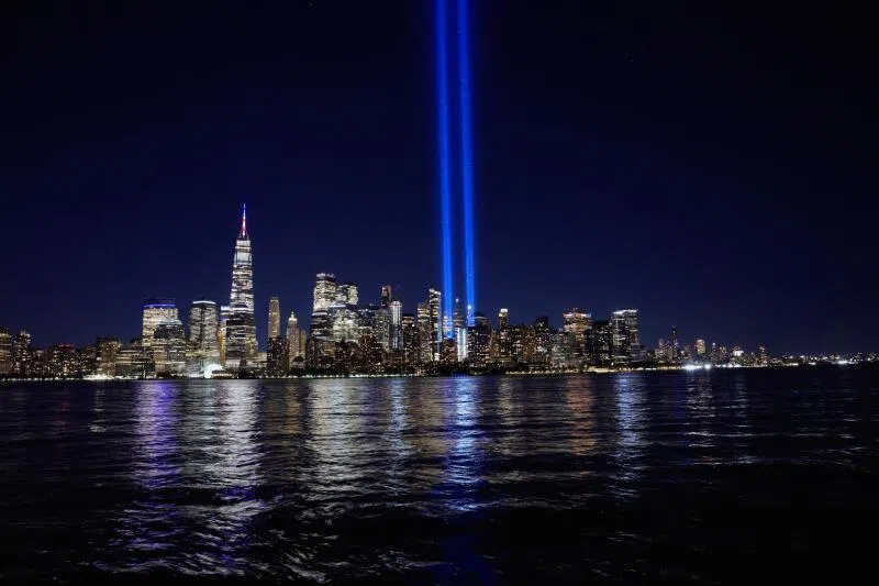 The ‘Tribute in Light’ public art installation commemorating the Sept 11, 2001 attacks shines up from the skyline of lower Manhattan, as seen from Jersey City, New Jersey.
