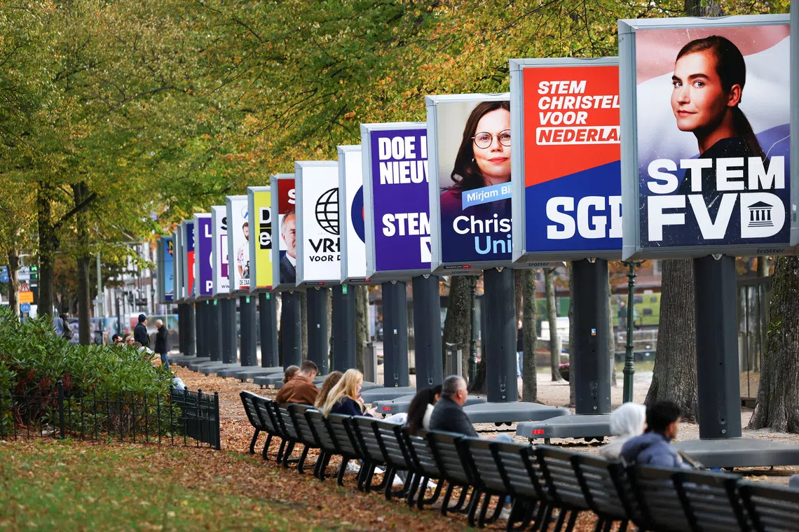 Election campaign boards are displayed ahead of the Dutch parliamentary election on October 29, in The Hague, Netherlands, October 7, 2025. REUTERS/Piroschka van de Wouw