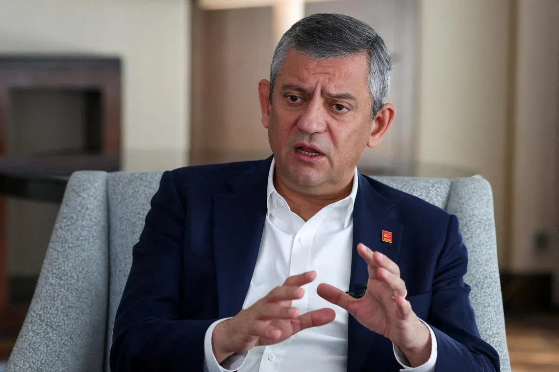 FILE PHOTO: Ozgur Ozel, leader of the main opposition Republican People's Party (CHP), speaks during an interview with Reuters in Istanbul, Turkey, March 11, 2026. REUTERS/Murad Sezer/File Photo