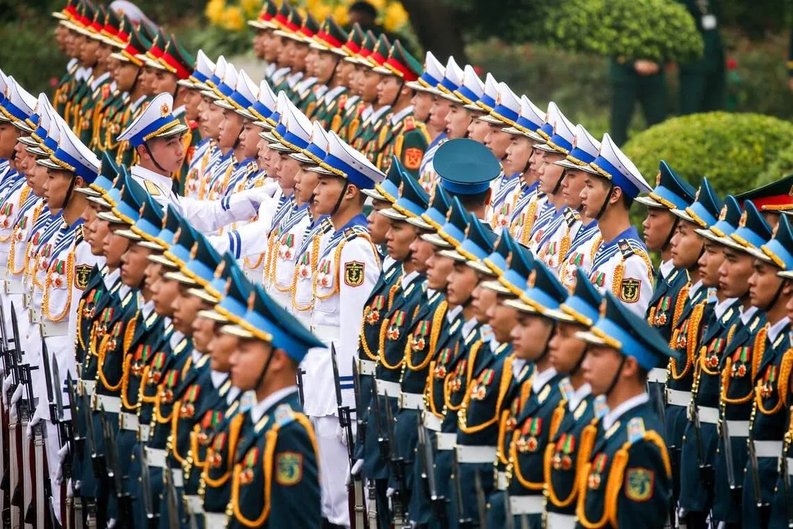 Members of the the guard of honour preparing for the welcome ceremony of the European Council President Antonio Costa at the Presidential Palace in Hanoi, Vietnam on Jan 29, 2026. 