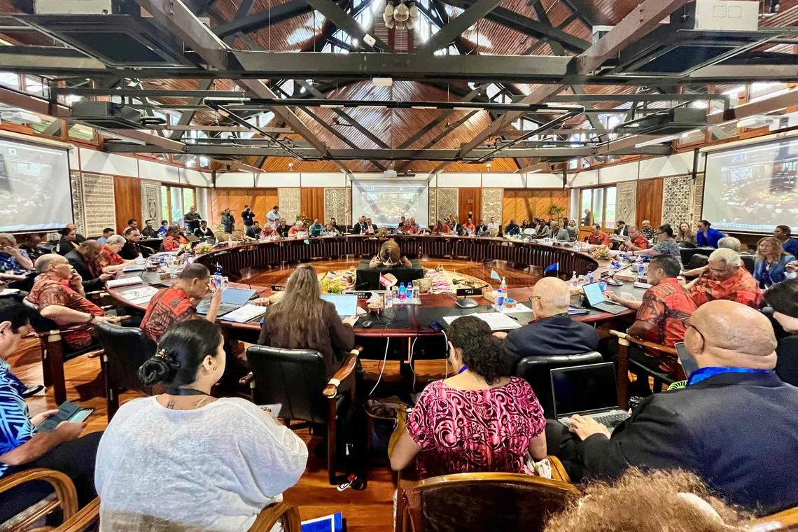 The annual Pacific Islands Forum Foreign Ministers Meeting in Suva on Aug 14. The US, China and Taiwan have been barred from an upcoming annual summit of Pacific island nations.