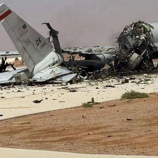 A destroyed US Air Force Airborne Warning and Control System (AWACS) aircraft seen in the aftermath of a missile strike at Prince Sultan Airbase in Saudi Arabia.