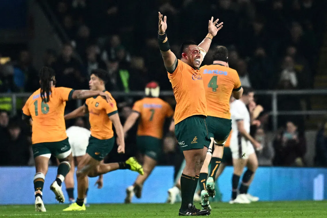FILE PHOTO: Rugby Union - Autumn Internationals - England v Australia - Allianz Stadium Twickenham, London, Britain - November 9, 2024 Australia's Allan Alaalatoa celebrates as teammate Max Jorgensen scores their fifth try REUTERS/Dylan Martinez/File Photo