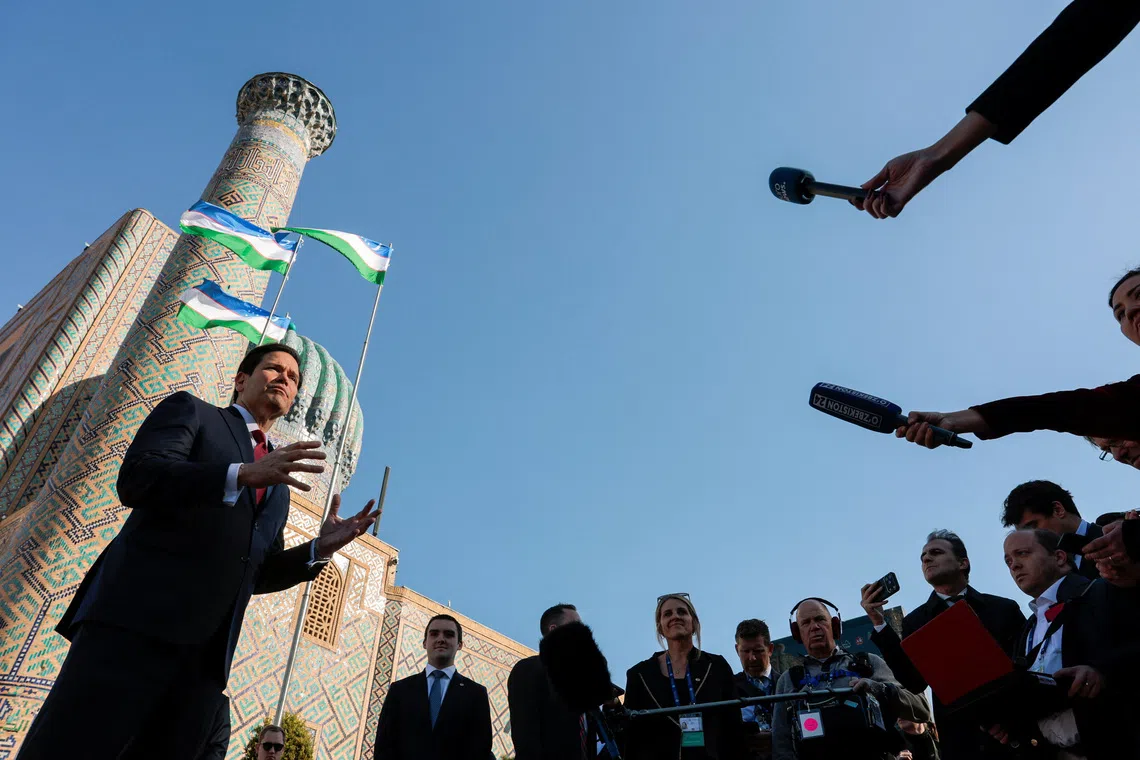 US Secretary of State Marco Rubio speaks to the press at Registan Square, in Samarkand, Uzbekistan, October 19, 2026. REUTERS/Kylie Cooper/Pool