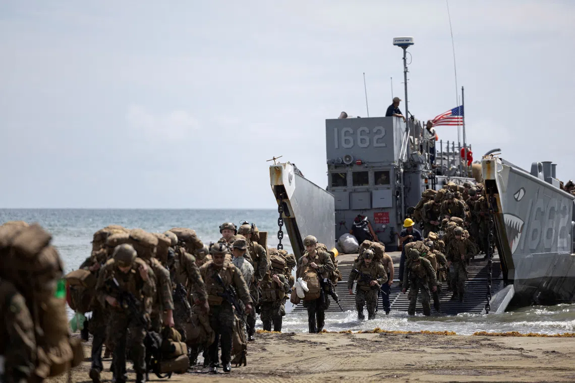 U.S. Marines coming ashore from a landing craft utility during training exercises in Arroyo, Puerto Rico, on Oct 16, 2025. 