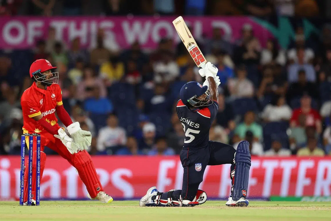The United States' Aaron Jones batting in their ICC Men's T20 Cricket World Cup  match against Canada at Grand Prairie Cricket Stadium on June 1, 2024 in Dallas, Texas. He scored 94 not out.