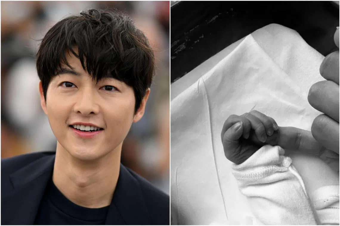 South Korean actor Song Joong-ki shared a photo of his baby’s tiny hand holding an adult’s finger. 