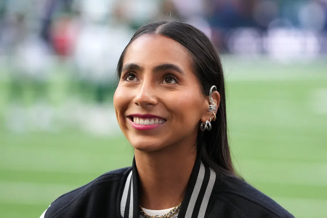 Oct 12, 2025; Tottenham, United Kingdom; Diana Flores attends an NFL International Series game between the Denver Broncos and New York Jets at Tottenham Hotspur Stadium. Mandatory Credit: Kirby Lee-Imagn Images