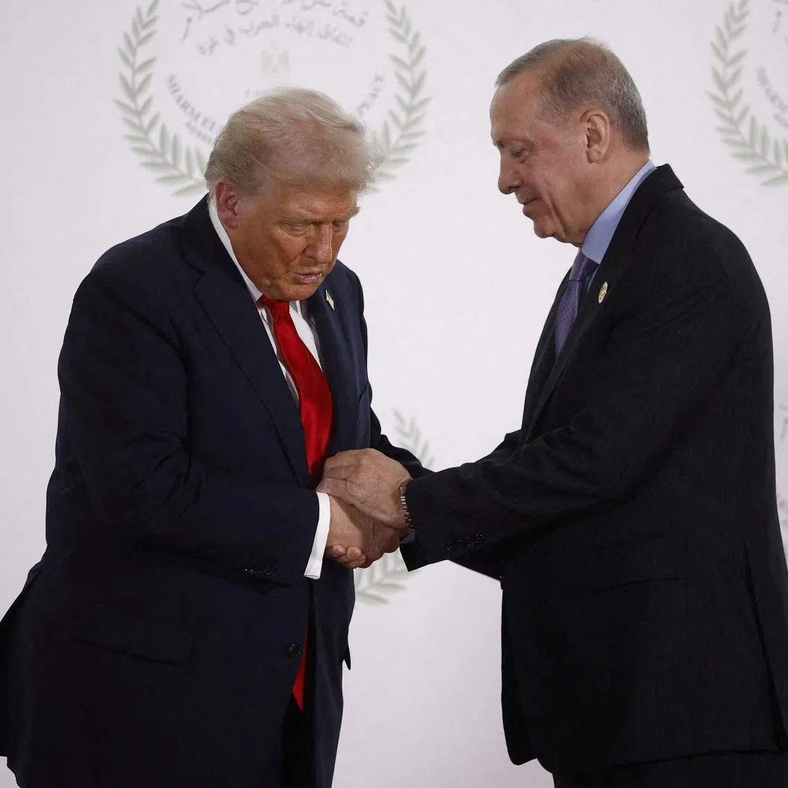 FILE PHOTO: U.S. President Donald Trump and Turkish President Tayyip Erdogan shake hands as they pose for a photo, at a world leaders' summit on ending the Gaza war, amid a U.S.-brokered prisoner-hostage swap and ceasefire deal between Israel and Hamas, in Sharm el-Sheikh, Egypt, October 13, 2025. Yoan Valat/Pool via REUTERS/File Photo