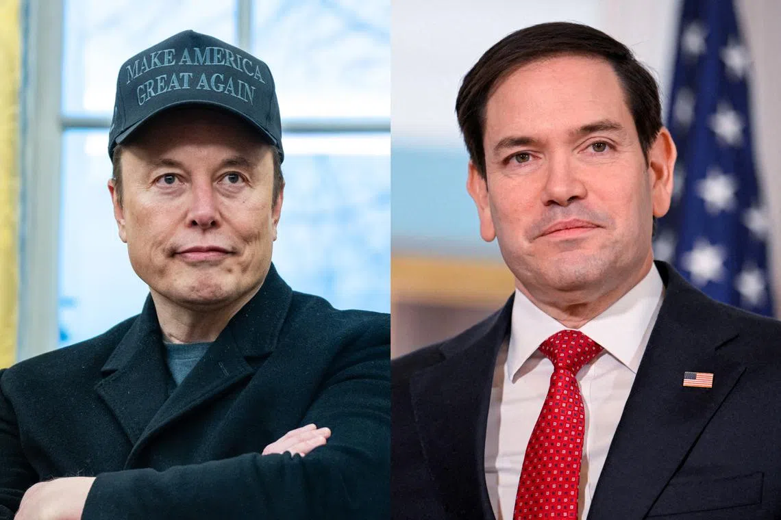 Billionaire White House adviser Elon Musk (left) and US Secretary of State Marco Rubio reportedly clashed at a Cabinet meeting over staff cuts.