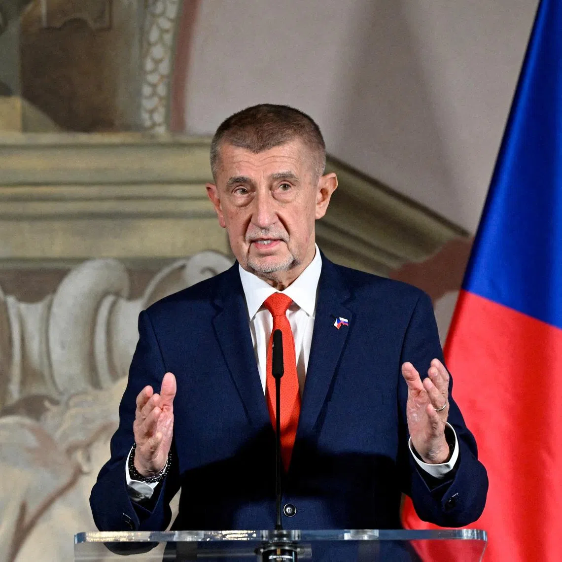 FILE PHOTO: Czech Prime Minister Andrej Babis speaks during a press conference with Slovakia's Prime Minister Robert Fico in Studenka, Czech Republic, March 31, 2026. REUTERS/Radovan Stoklasa/File Photo