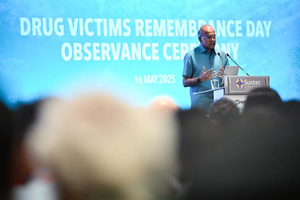 Home Affairs and Law Minister K. Shanmugam giving a speech at the second Drug Victims Remembrance Day observance ceremony on May 16.