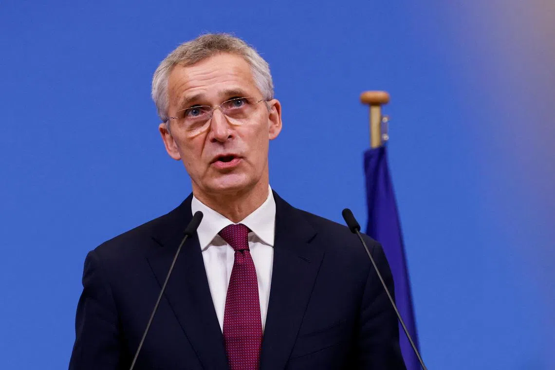 Nato ecretary General Jens Stoltenberg at speaking at a news conference at the alliance's headquarters in Brussels, on Feb 21.