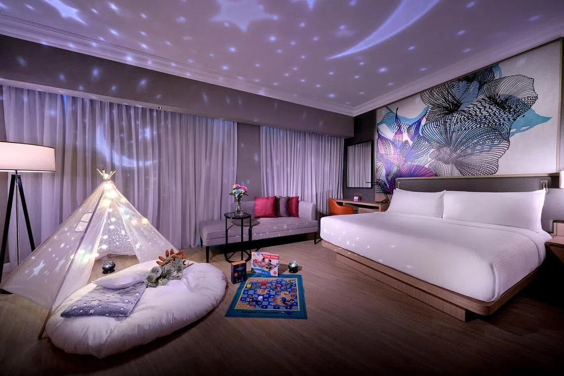 Grand Copthorne Waterfront Hotel Singapore's ‘Glamping Under the Stars Experience’ has an indoor camping setup complete with a children’s tent.
