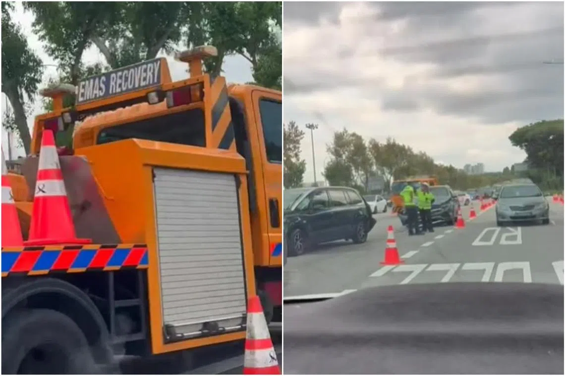 At least two tow trucks were on scene, along with LTA officers. A group of at least 10 people were also seen on the road shoulder.