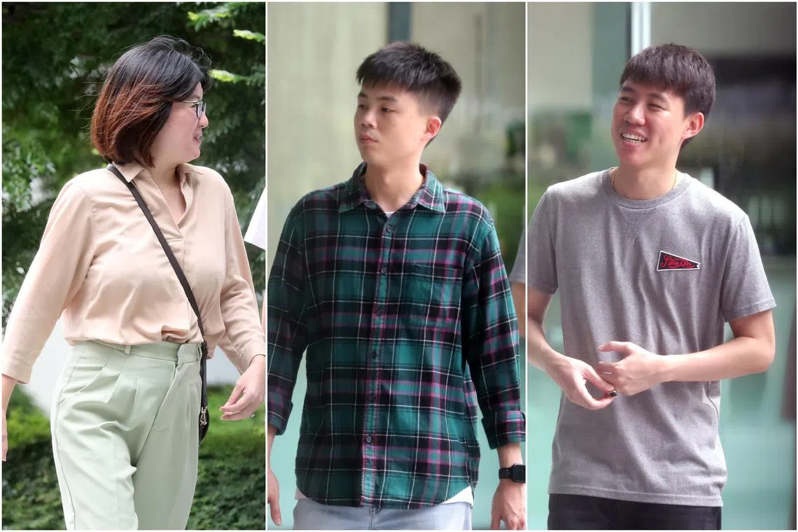 (From left) Joey Yeo and Danny Ho Wai Hong were each sentenced to two months and a week’s jail. Loo Yi Ming was sentenced to a month’s jail.