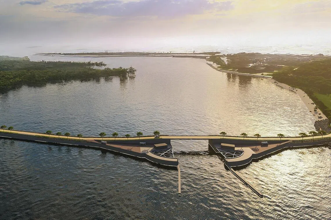 An artist’s impression of a possible coastal barrier which also provides enhanced transport connectivity between Sentosa and Pulau Brani.