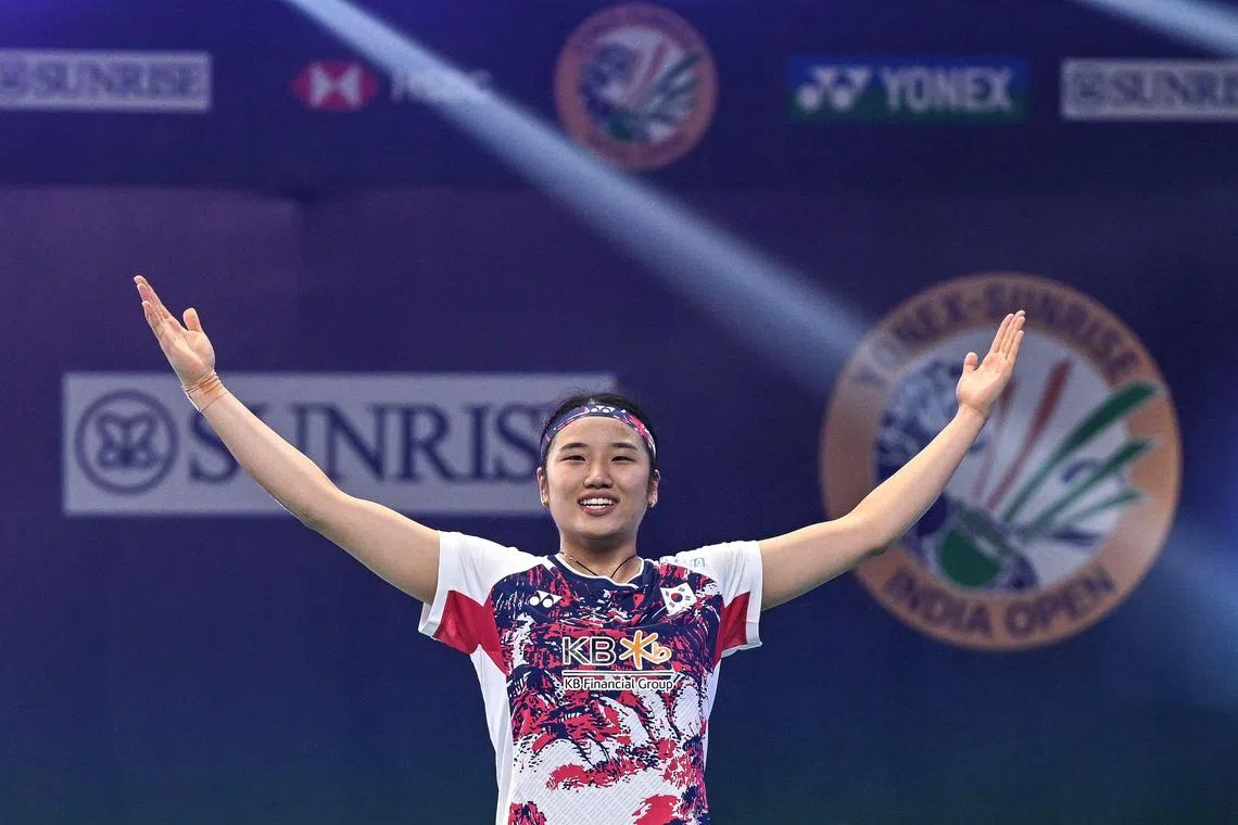 South Korea's world No. 1 An Se-young celebrating after winning the India Open in January. On March 9, she won the Orleans Masters title by beating Chen Yufei 21-14, 21-15 in 45 minutes at Palais des Sports in France.