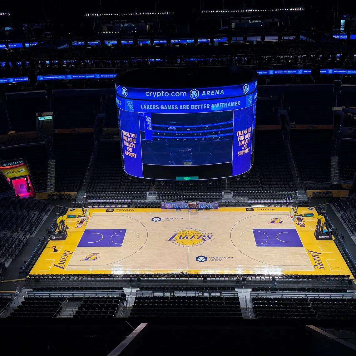 Mar 5, 2026; Los Angeles, California, USA; A general overall view of Los Angeles Lakers logo at midcourt at the Crypto.com Arena. Mandatory Credit: Kirby Lee-Imagn Images