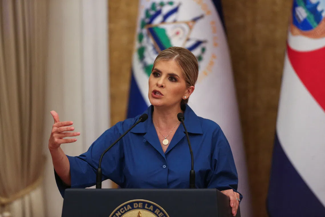 Costa Rica's President Laura Fernandez attends a press conference at the Presidential House in San Salvador, El Salvador, October 16, 2026. REUTERS/Jose Cabezas