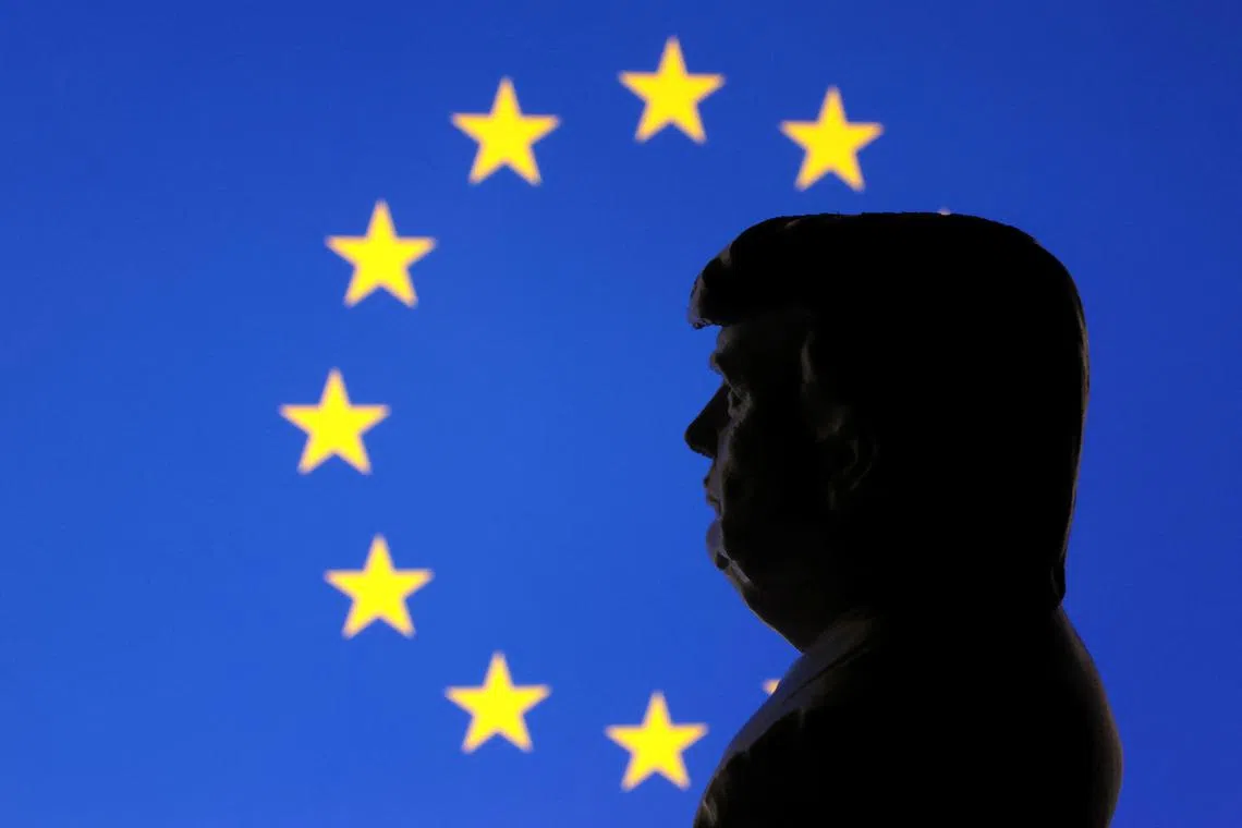 FILE PHOTO: A 3D-printed miniature model of U.S. President Donald Trump and the European Union's flag are seen in this illustration taken January 27, 2025. REUTERS/Dado Ruvic/Illustration/File Photo