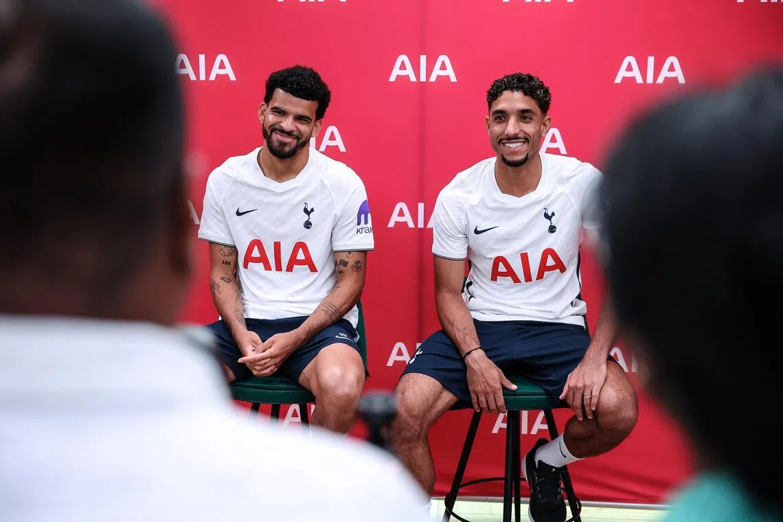 Tottenham Hotspur players Dominic Solanke (left) and Omar Marmoush speaking to the Singaporean media at the club’s training centre in Enfield on Sept 10.