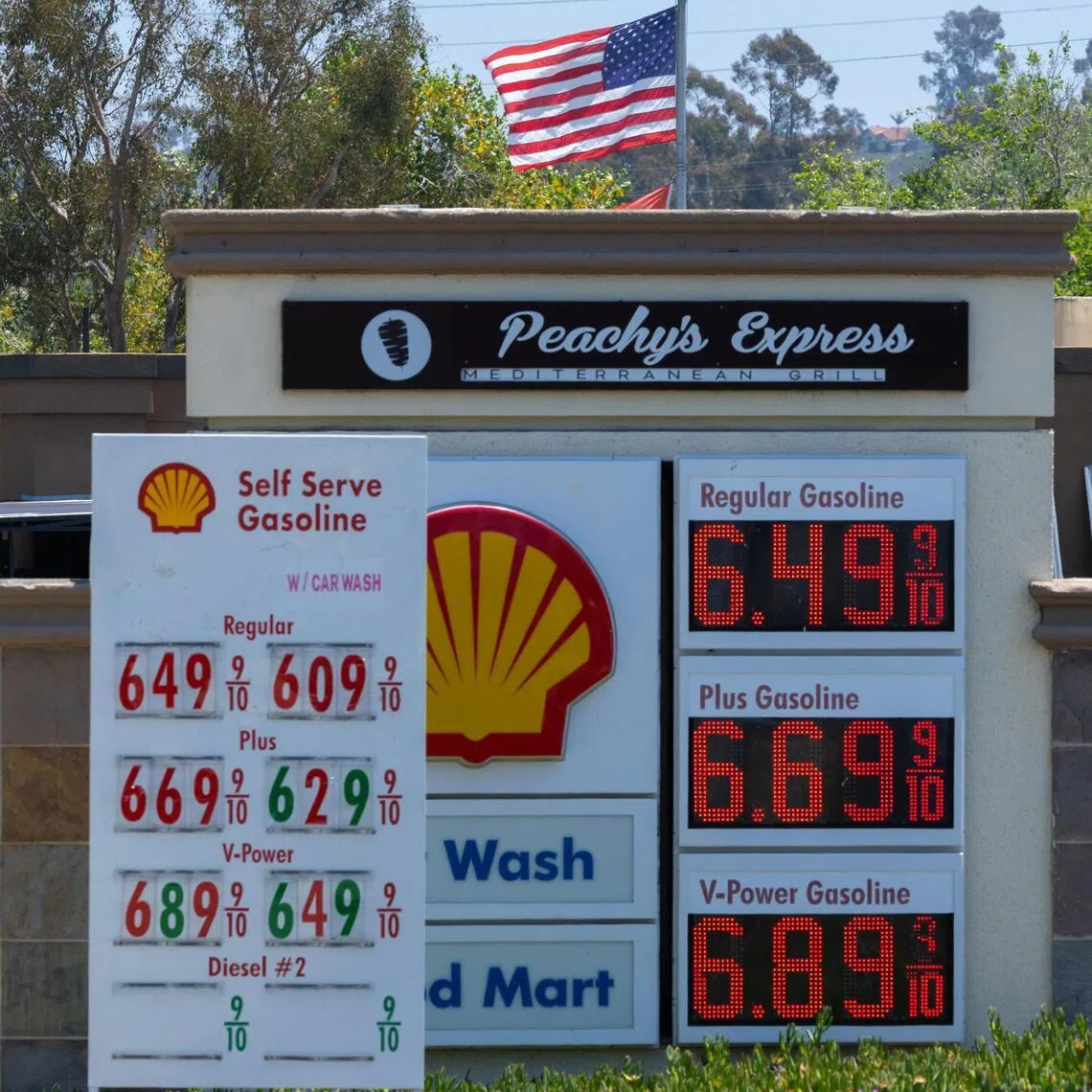 The price of gasoline is shown at a gas station in Encinitas, California, on May 11.