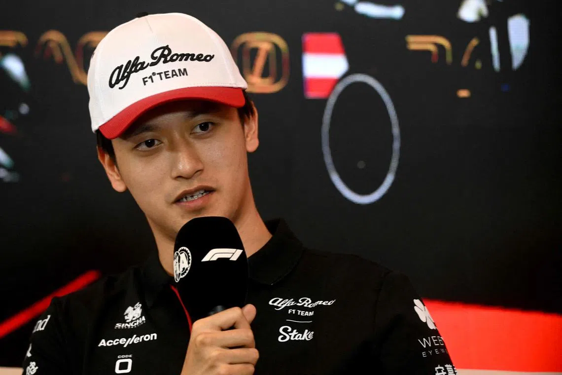 Alfa Romeo's Chinese driver Zhou Guanyu speaks during a press conference on the Red Bull race track in Spielberg, Austria on June 29, 2023, ahead of the Austrian Formula One Grand Prix. (Photo by VLADIMIR SIMICEK / AFP)