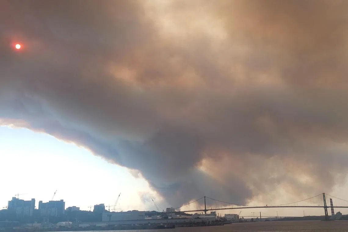 Smoke rises from a wildfire, in Halifax, Nova Scotia, Canada, May 28, 2023 in this still image obtained from social media video.  Meenakshi Guchhait/via REUTERS  THIS IMAGE HAS BEEN SUPPLIED BY A THIRD PARTY. MANDATORY CREDIT. NO RESALES. NO ARCHIVES.